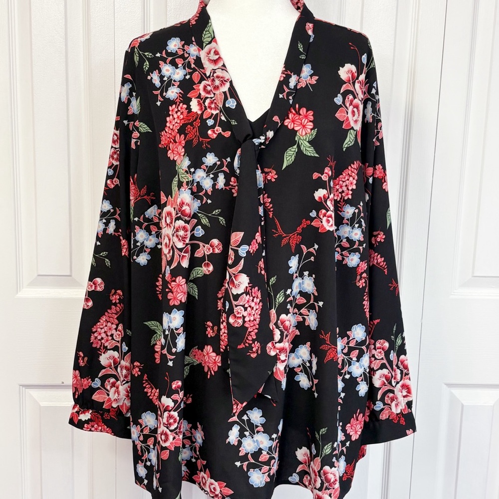 Lane Bryant Black Multi Floral Print Tie Front Long Sleeve Blouse 22/24